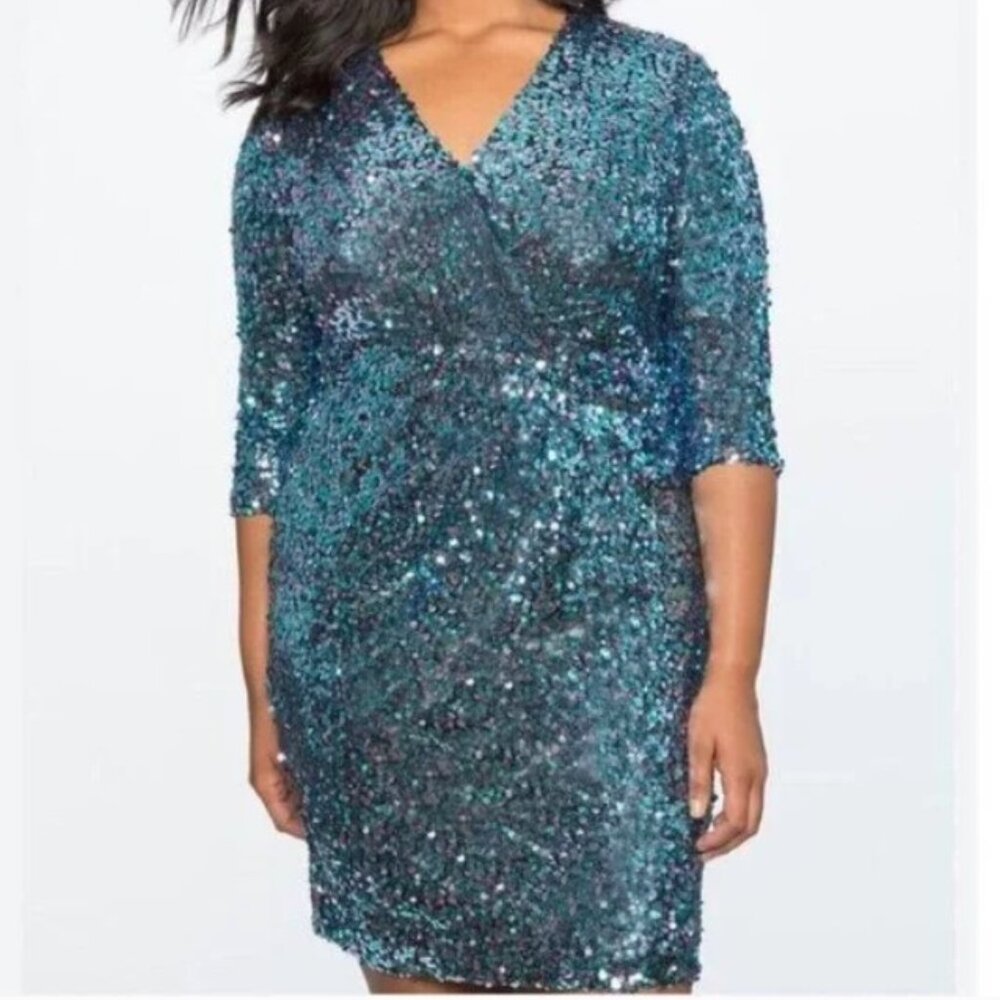 Eloquii Sequin Wrap Dress Blue Pink V Neck 3/4 Sleeves - Size 14 Women's
